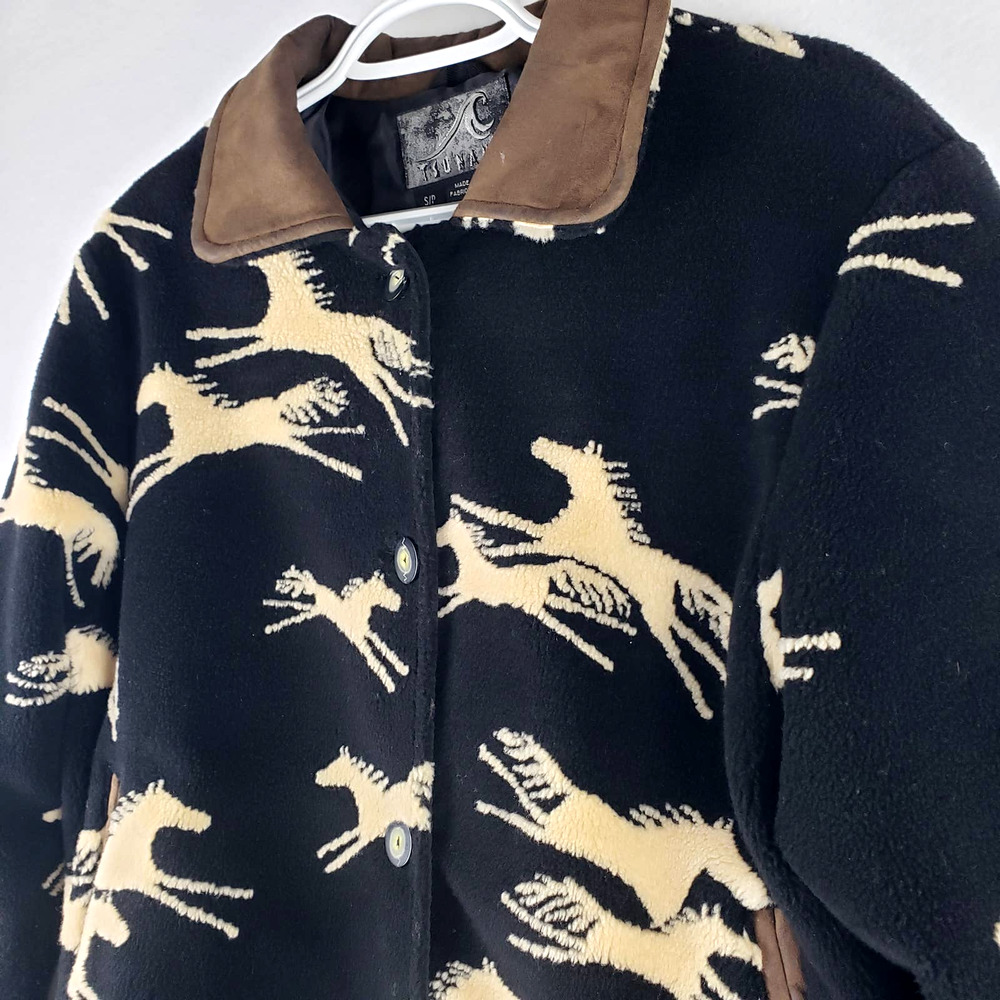 VTG-Tsunami Wild Horses Black Fleece Western Ranch Jacket with Suede Collar SP